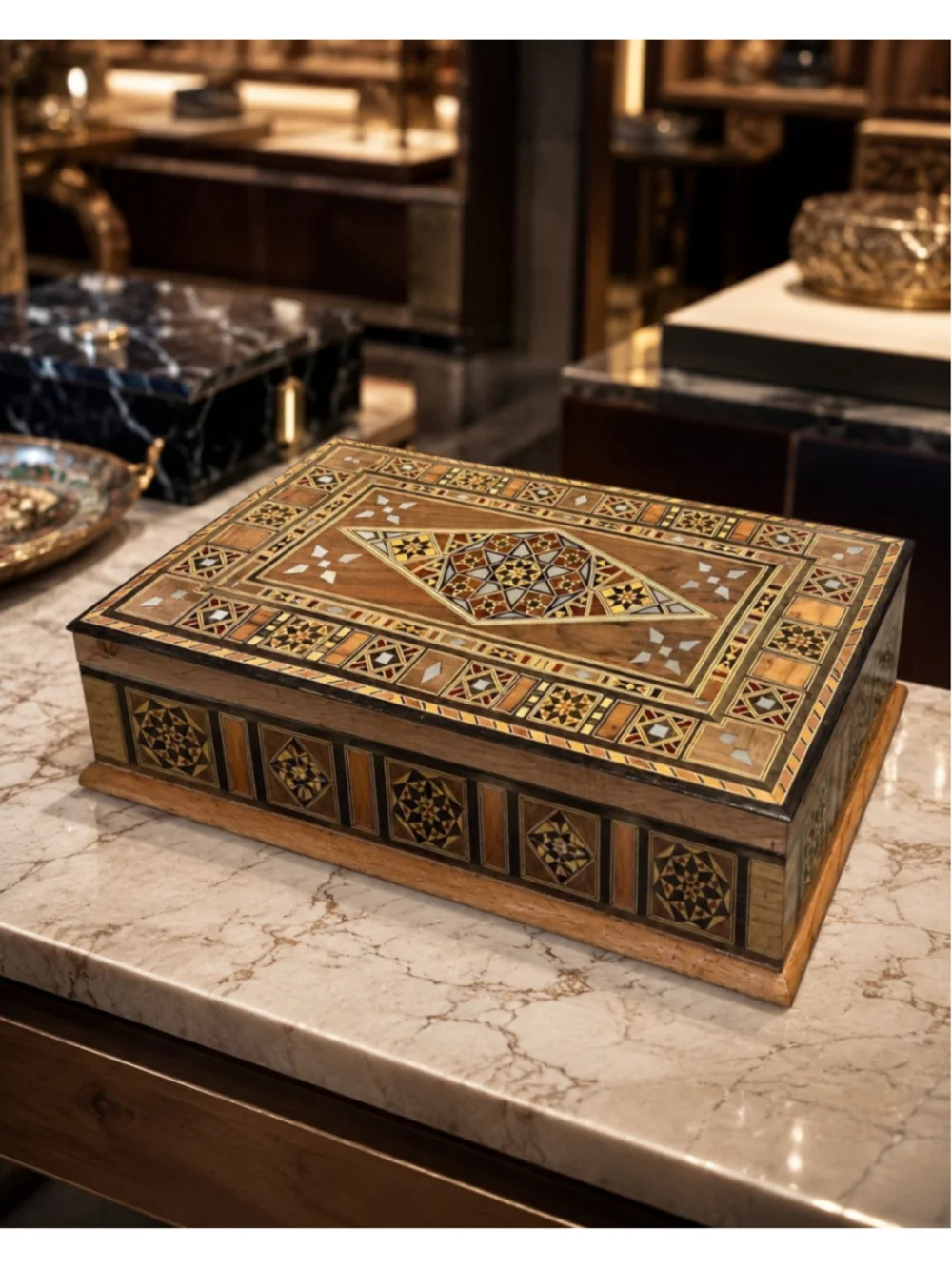 Royal Sultan Damascus Mosaic Jewelry Box Mother of Pearl Lock Key